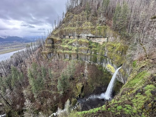 A waterfall cascades down a moss-covered cliff surrounded by trees, with a cloudy sky in the background.