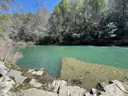 A serene river scene with clear turquoise water, surrounded by trees and rocky banks under a bright blue sky.