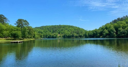 A serene lake surrounded by lush green trees and hills under a clear blue sky.