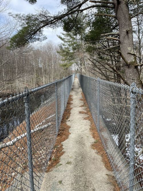 A narrow, fenced walkway stretches over a river, surrounded by trees and a cloudy sky.