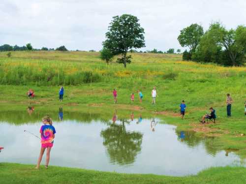 A group of people fishing by a pond surrounded by greenery and wildflowers on a cloudy day.