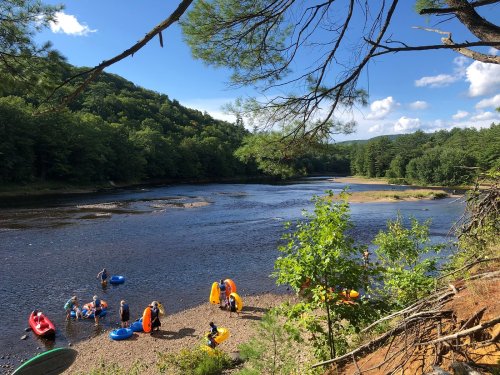 A scenic riverbank with people kayaking and playing in the water, surrounded by lush green trees and a clear blue sky.