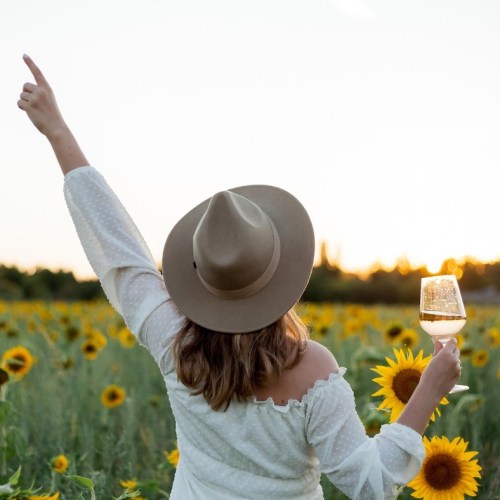 A person in a hat raises one arm in a sunflower field, holding a glass of wine, enjoying a sunny day.