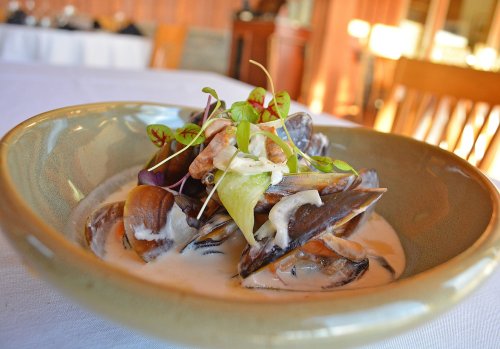 A bowl of mussels in creamy sauce, garnished with microgreens, served on a white tablecloth in a restaurant setting.