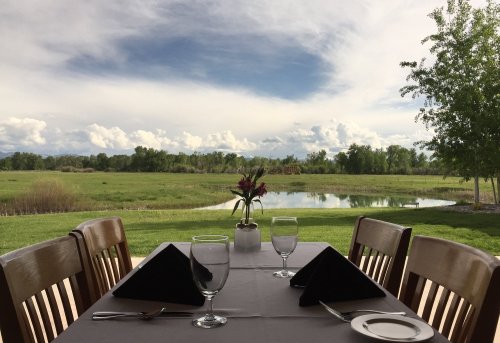 A dining table set for a meal, overlooking a serene landscape with a pond and lush greenery under a cloudy sky.