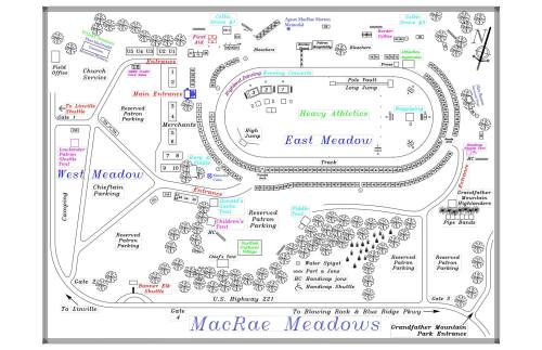 Map of MacRae Meadows showing East and West Meadows, parking areas, and various facilities and attractions.