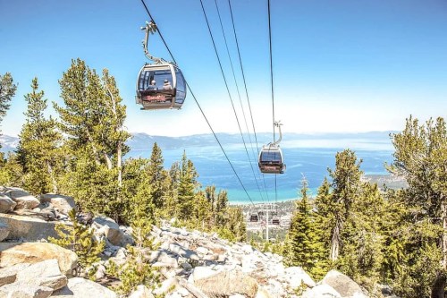 A scenic view of gondolas traveling over trees, with a lake and mountains in the background under a clear blue sky.