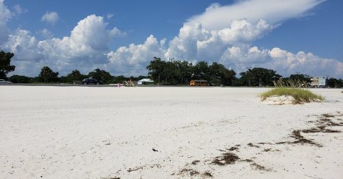 A wide sandy beach under a blue sky with fluffy clouds, featuring a few trees and a distant yellow bus.