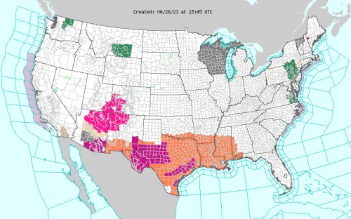 Map of the United States showing various weather warnings and alerts, with regions marked in different colors.