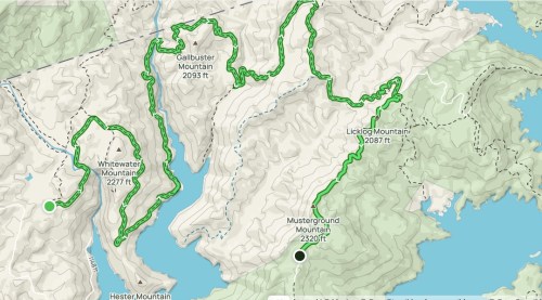 Map showing hiking trails around several mountains, including Whitewater, Galbuster, and Licking Mountain, with elevation details.