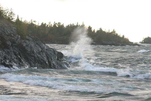 Waves crash against rocky shore under a cloudy sky, with trees lining the distant coastline.