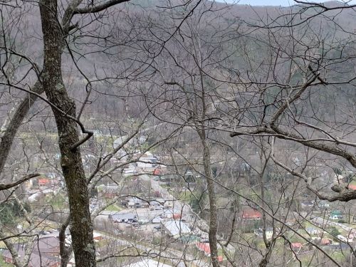 A view of a small town nestled in a valley, framed by bare tree branches in early spring.