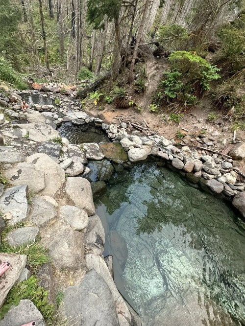 Natural hot springs surrounded by rocks and greenery in a forested area. Clear water reflects the surrounding landscape.