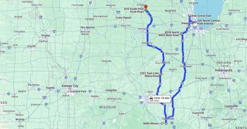 Map showing a route from 870 South Pilot Knob Road to various locations in Illinois, with estimated travel time.