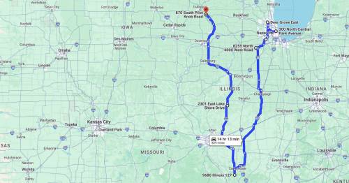 Map showing a route from 870 South Pilot Knob Road to various locations in Illinois, with estimated travel time.