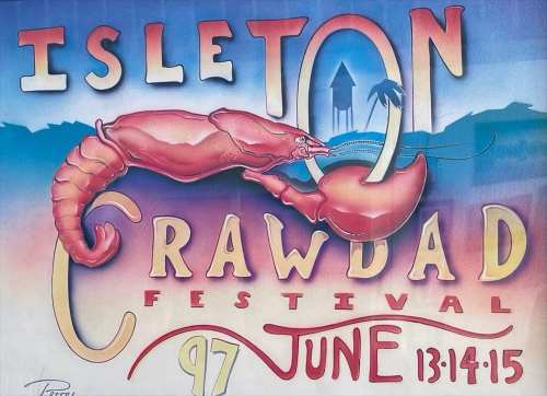 Colorful poster for the Isleton Crawdad Festival, featuring a large crawdad and event details for June 13-15, 1997.