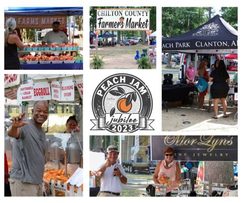 Collage of vendors and visitors at the Peach Jam Jubilee 2023, featuring a farmers market and local crafts.