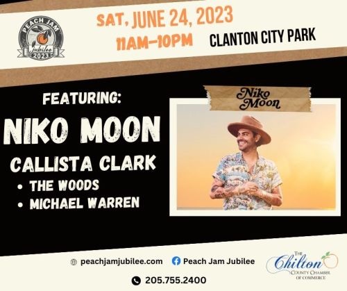Event poster for Peach Jam Jubilee on June 24, 2023, featuring Niko Moon, Callista Clark, The Woods, and Michael Warren.