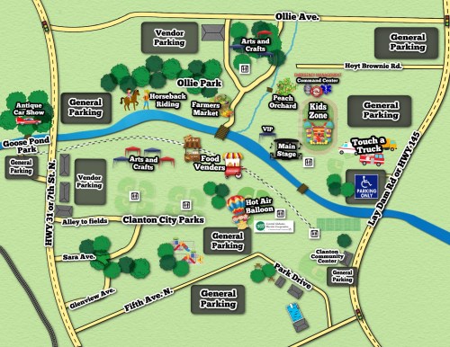 Map of a festival layout featuring parking, vendor areas, activities, and attractions like a hot air balloon and kids zone.