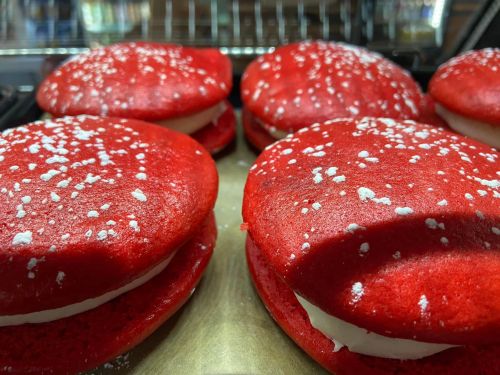 Four red velvet whoopie pies with white filling, dusted with powdered sugar, on a baking tray.