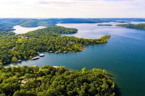 Aerial view of a lush green landscape with a winding lake and scattered homes along the shoreline.