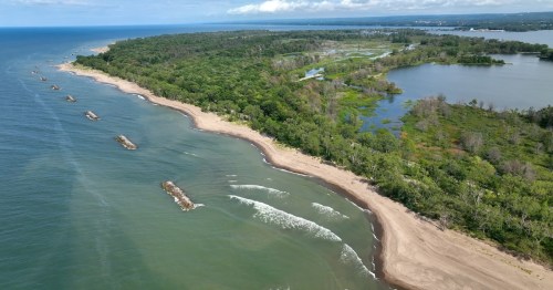 aerial view of the lake erie shore with teal waters, sand, and hundreds of green trees lining the coast