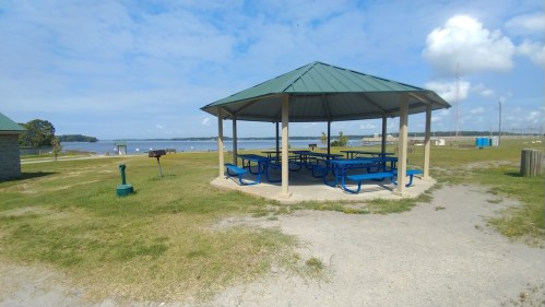 A picnic shelter with blue tables overlooks a lake, surrounded by grassy areas and a clear blue sky.