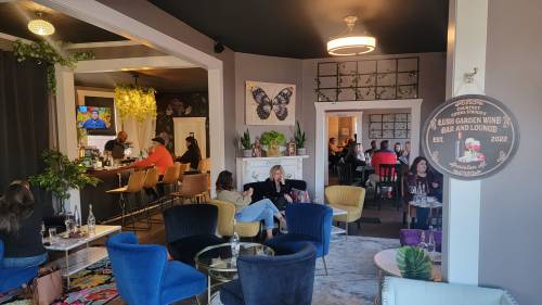 A cozy wine bar and lounge with patrons enjoying drinks, colorful seating, and a butterfly decor.