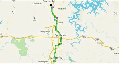 Map showing the route from Bentonville to Fayetteville, Arkansas, with key locations and highways marked.
