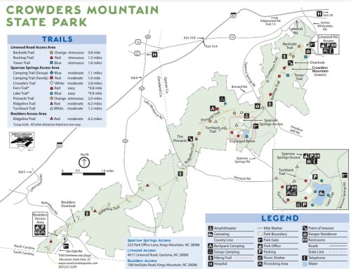 Map of Crowders Mountain State Park showing trails, access areas, and points of interest with a detailed legend.