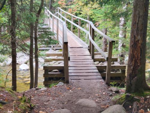 A wooden bridge spans a small stream, surrounded by trees and autumn foliage.