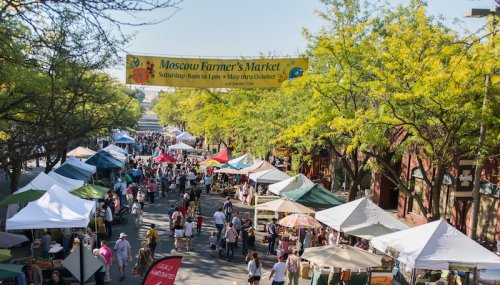 A bustling farmer's market with colorful tents and crowds under a banner, surrounded by trees in autumn.