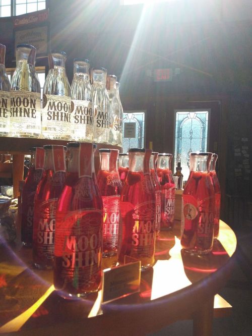 Bottles of colorful moonshine on display, illuminated by sunlight streaming through a window.