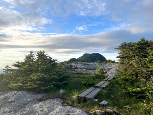A rocky landscape with green trees and a wooden path, under a blue sky with scattered clouds.
