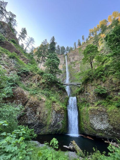 A tall waterfall cascades down rocky cliffs, surrounded by lush greenery and a bridge above, under a clear blue sky.