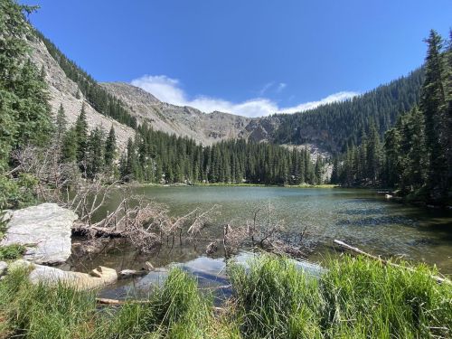 A serene mountain lake surrounded by lush trees and rocky cliffs under a clear blue sky.