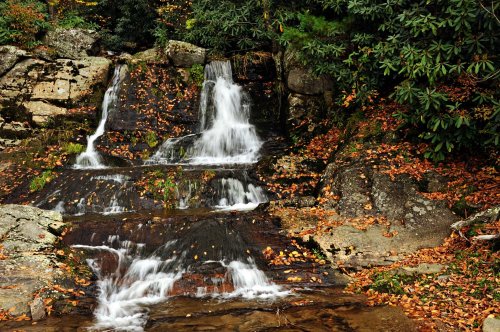 A serene waterfall cascades over rocky terrain, surrounded by autumn leaves and lush greenery.