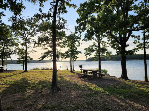 A serene lakeside scene with picnic tables, trees, and a sunset reflecting on the water.