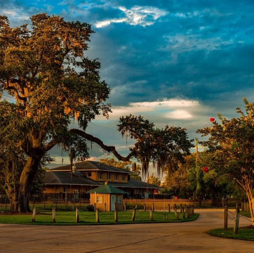 A scenic view of a house surrounded by trees with Spanish moss, under a dramatic sky with scattered clouds.