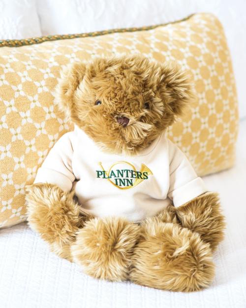 A plush teddy bear wearing a shirt with "Planters Inn" logo, sitting on a white bed with a patterned yellow pillow.