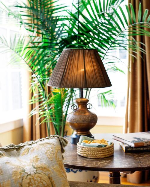 A cozy living space featuring a lamp on a table, surrounded by greenery and decorative items.