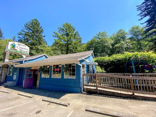 A blue building with a sign reading "Alice's Country House" surrounded by trees and a wooden deck. Clear blue sky above.