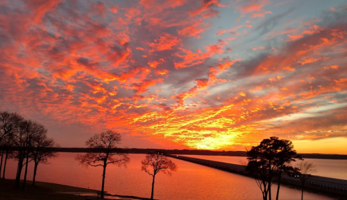 Vibrant sunset over a lake, with colorful clouds and silhouetted trees along the shoreline.