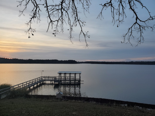 A serene lake at sunset, featuring a wooden dock and bare tree branches in the foreground.