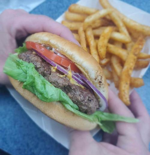 A person holds a burger with lettuce, tomato, onion, and cheese, alongside a serving of curly fries.