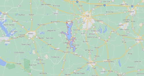 Map showing the area around Lake Fork in Texas, highlighting nearby towns and highways.