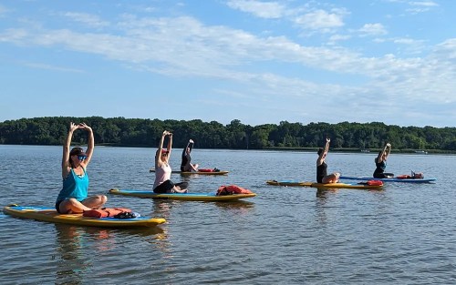 A group of people practicing yoga on paddleboards in a calm lake under a blue sky.