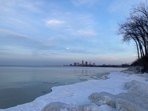 A serene winter scene with icy shores, calm water, and a city skyline under a soft blue sky.