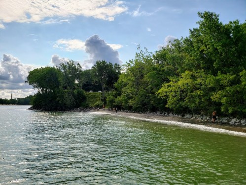 A serene lakeside view with green trees, a sandy shore, and gentle waves under a partly cloudy sky.
