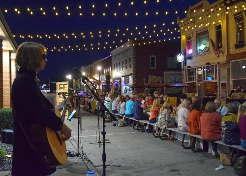 A musician performs on stage as a crowd enjoys an outdoor event under string lights at night.